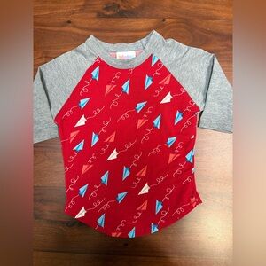LuLaRoe Red and Gray Tee with paper airplane print size 2